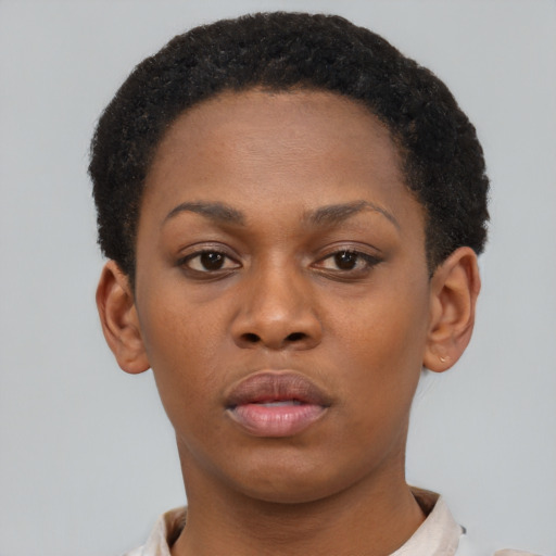 Neutral black young-adult female with short  brown hair and brown eyes