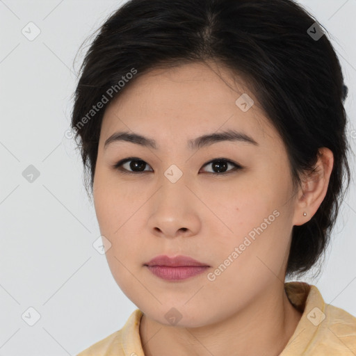 Neutral asian young-adult female with medium  brown hair and brown eyes