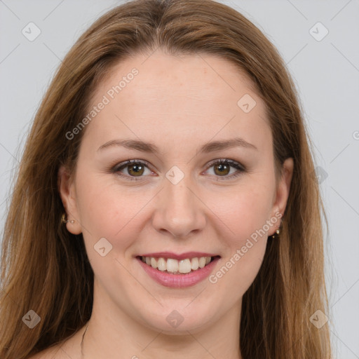 Joyful white young-adult female with long  brown hair and green eyes