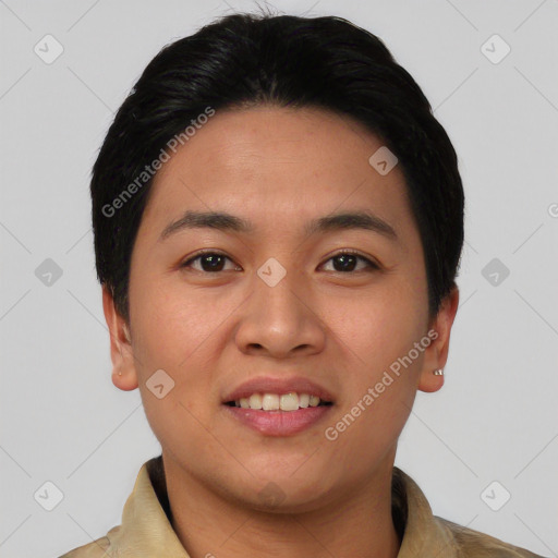 Joyful white young-adult female with short  black hair and brown eyes