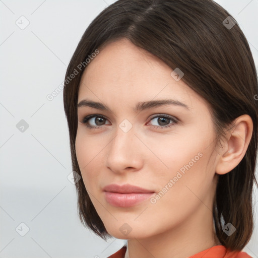 Neutral white young-adult female with medium  brown hair and brown eyes