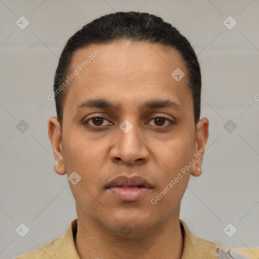 Neutral latino young-adult male with short  black hair and brown eyes