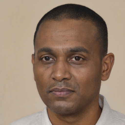 Neutral black adult male with short  black hair and brown eyes