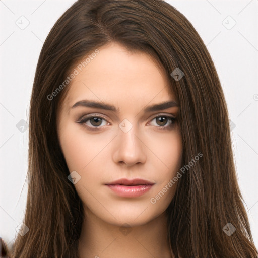 Neutral white young-adult female with long  brown hair and brown eyes