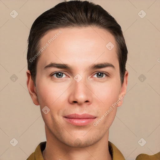 Joyful white young-adult male with short  brown hair and brown eyes