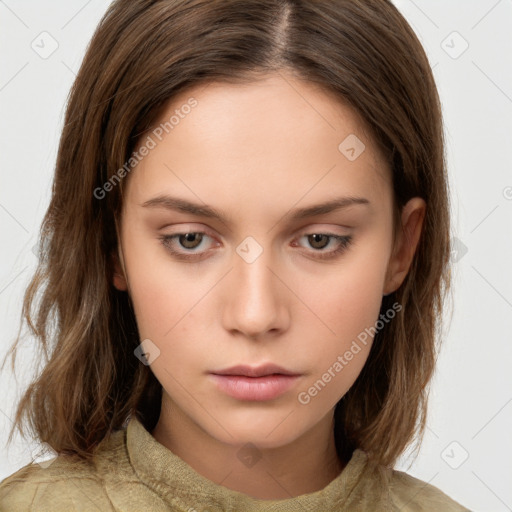 Neutral white young-adult female with medium  brown hair and brown eyes