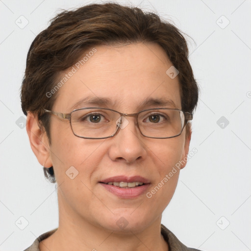 Joyful white adult female with short  brown hair and grey eyes