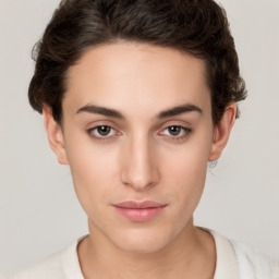 Neutral white young-adult female with short  brown hair and brown eyes