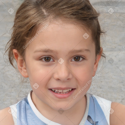 Joyful white child female with short  brown hair and brown eyes