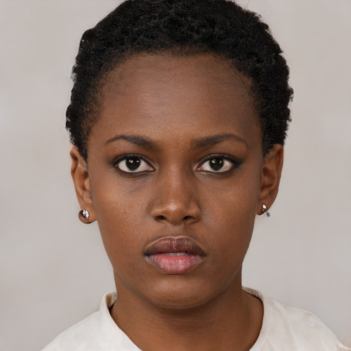 Neutral black young-adult female with short  brown hair and brown eyes
