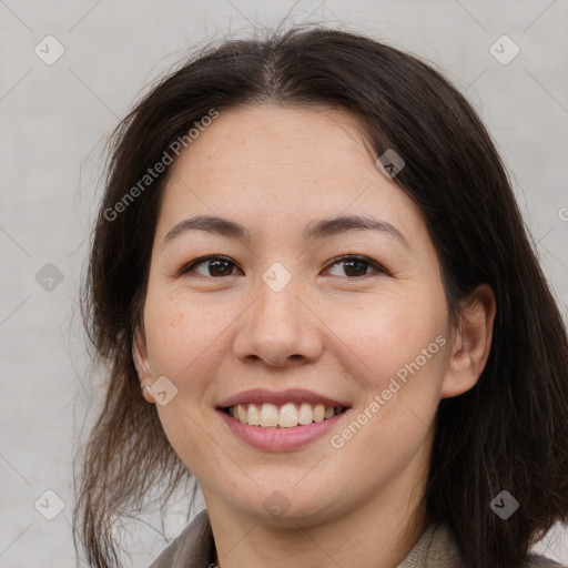 Joyful white young-adult female with medium  brown hair and brown eyes