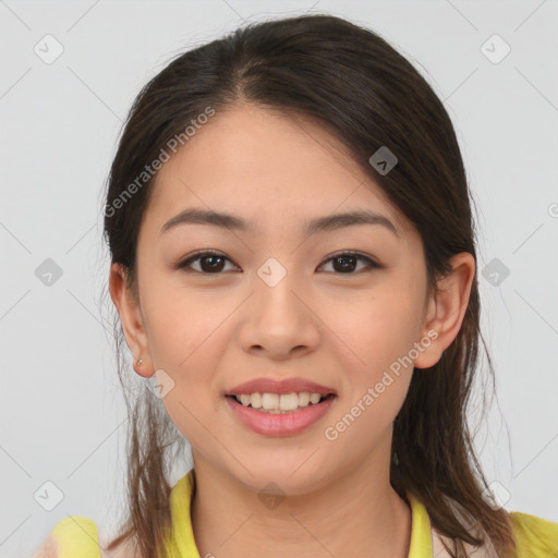 Joyful white young-adult female with medium  brown hair and brown eyes