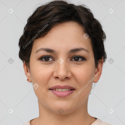 Joyful asian young-adult female with short  brown hair and brown eyes