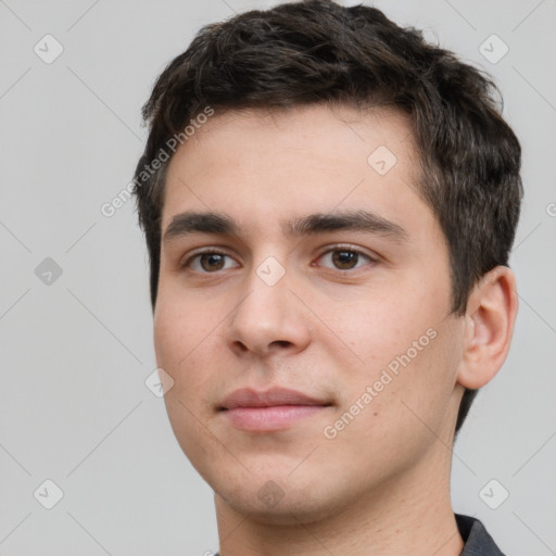 Neutral white young-adult male with short  brown hair and brown eyes