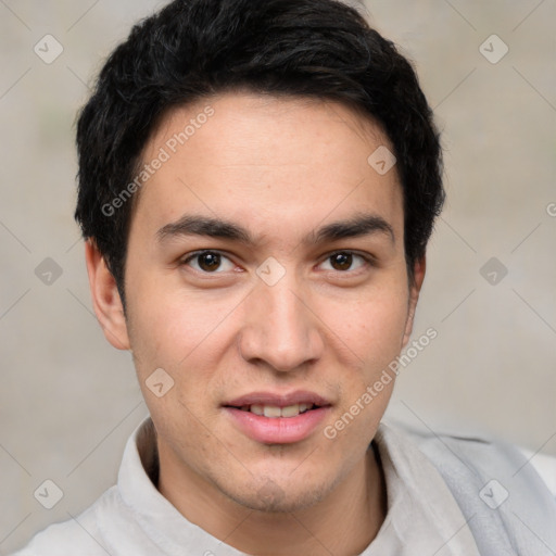 Joyful white young-adult male with short  black hair and brown eyes