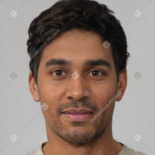 Neutral white young-adult male with short  black hair and brown eyes