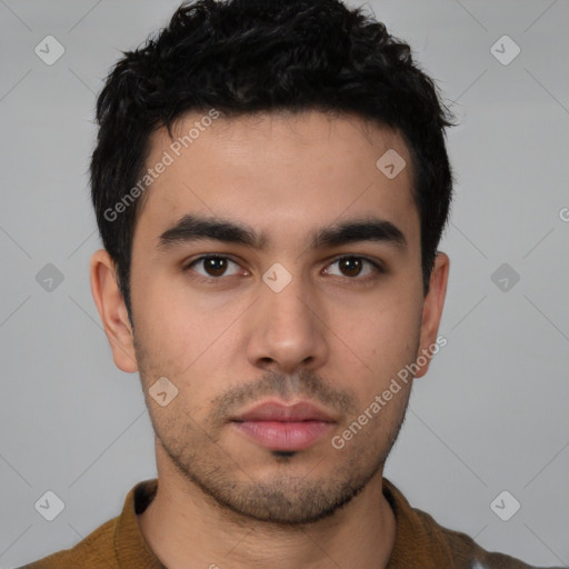 Neutral white young-adult male with short  brown hair and brown eyes