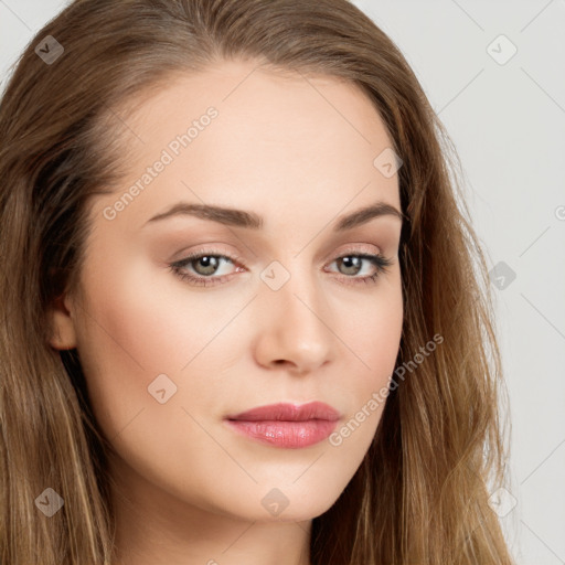 Neutral white young-adult female with long  brown hair and brown eyes