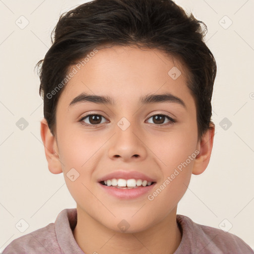 Joyful white child female with short  brown hair and brown eyes