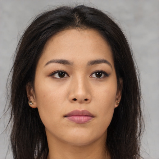Neutral asian young-adult female with long  brown hair and brown eyes
