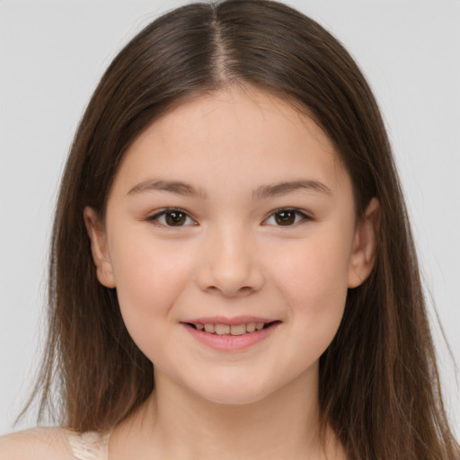 Joyful white child female with medium  brown hair and brown eyes