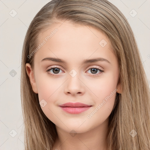 Joyful white child female with long  brown hair and brown eyes