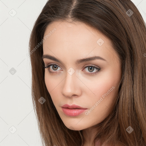 Neutral white young-adult female with long  brown hair and brown eyes