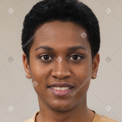 Joyful black young-adult female with short  black hair and brown eyes