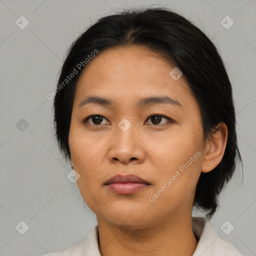 Neutral asian young-adult female with medium  black hair and brown eyes