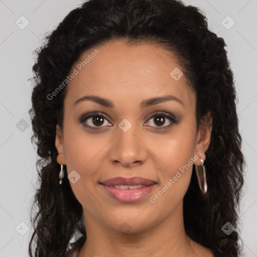 Joyful latino young-adult female with long  brown hair and brown eyes