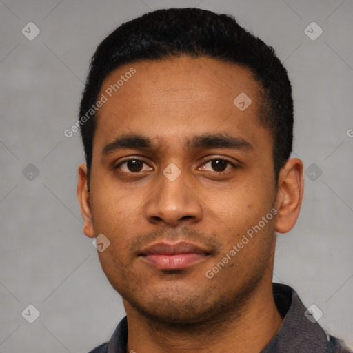 Neutral latino young-adult male with short  black hair and brown eyes