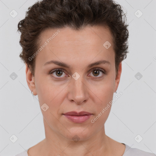 Neutral white young-adult female with short  brown hair and brown eyes