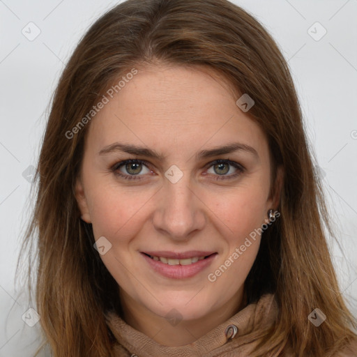 Joyful white young-adult female with long  brown hair and grey eyes