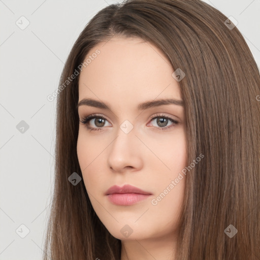 Neutral white young-adult female with long  brown hair and brown eyes