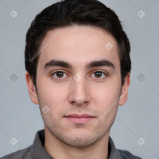 Neutral white young-adult male with short  brown hair and brown eyes