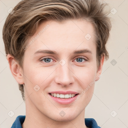 Joyful white young-adult female with short  brown hair and blue eyes