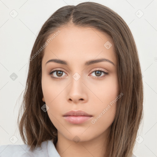 Neutral white young-adult female with medium  brown hair and brown eyes