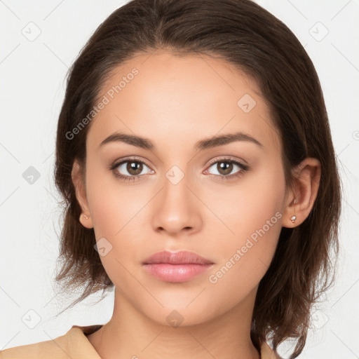 Neutral white young-adult female with medium  brown hair and brown eyes