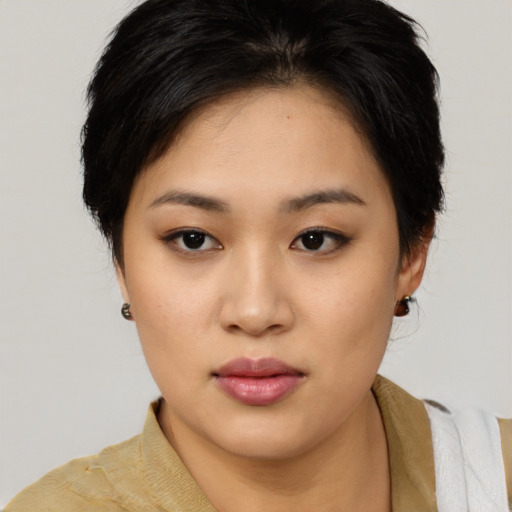 Neutral asian young-adult female with short  black hair and brown eyes