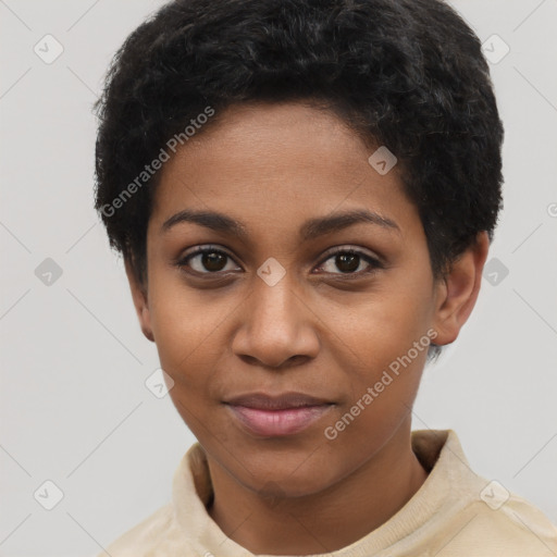 Joyful black young-adult female with short  brown hair and brown eyes