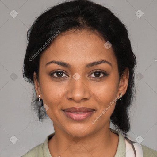 Joyful black young-adult female with medium  black hair and brown eyes