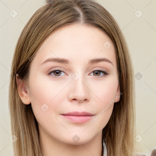 Neutral white young-adult female with long  brown hair and brown eyes