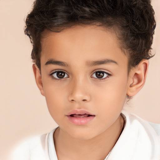 Joyful white child female with short  brown hair and brown eyes