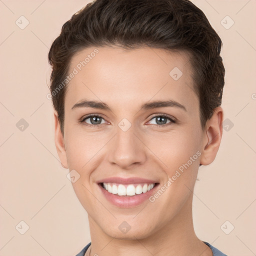 Joyful white young-adult female with short  brown hair and brown eyes