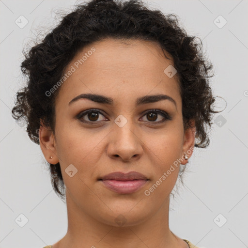 Joyful latino young-adult female with short  brown hair and brown eyes