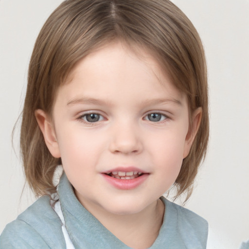 Joyful white child female with medium  brown hair and grey eyes