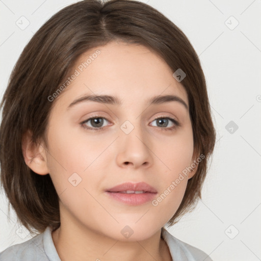 Neutral white young-adult female with medium  brown hair and brown eyes