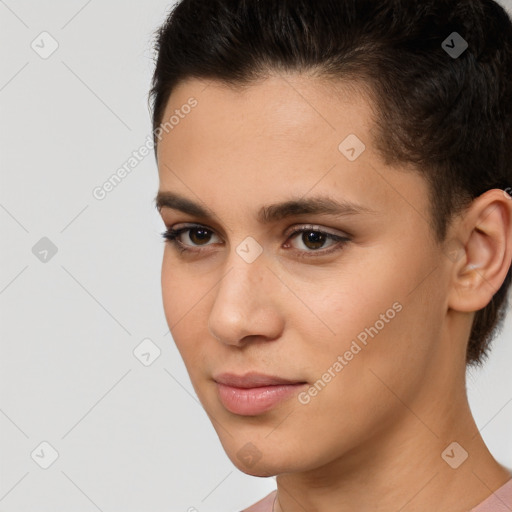 Neutral white young-adult female with short  brown hair and brown eyes