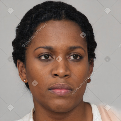 Neutral black young-adult female with short  black hair and brown eyes