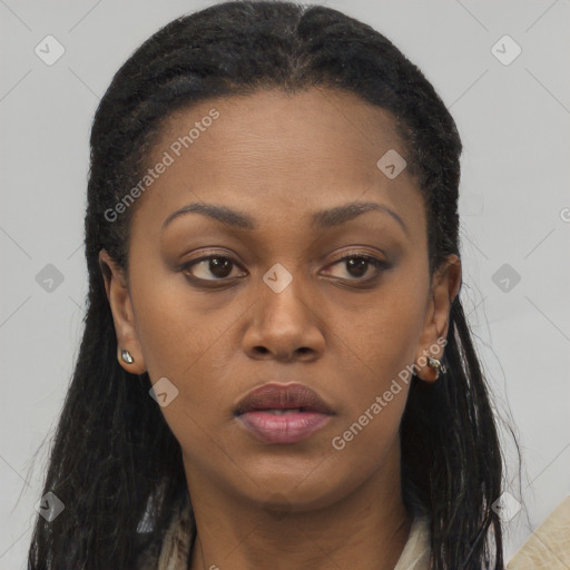 Neutral black young-adult female with long  brown hair and brown eyes